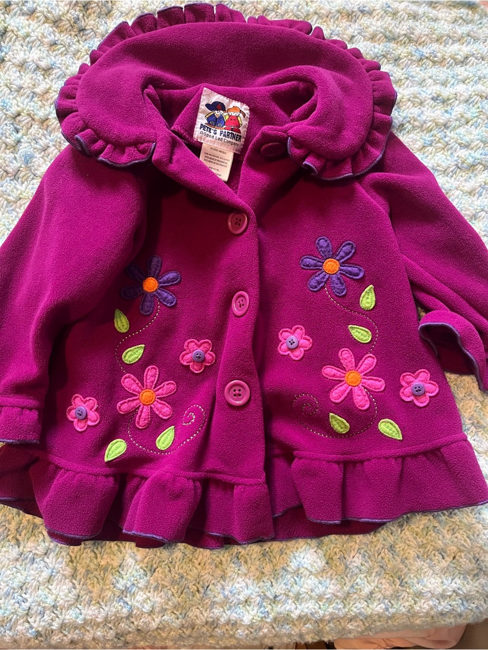 Girls' Floral Appliqué Pea Coat in Fuchsia - Pete’s Partner A Good Lab Company